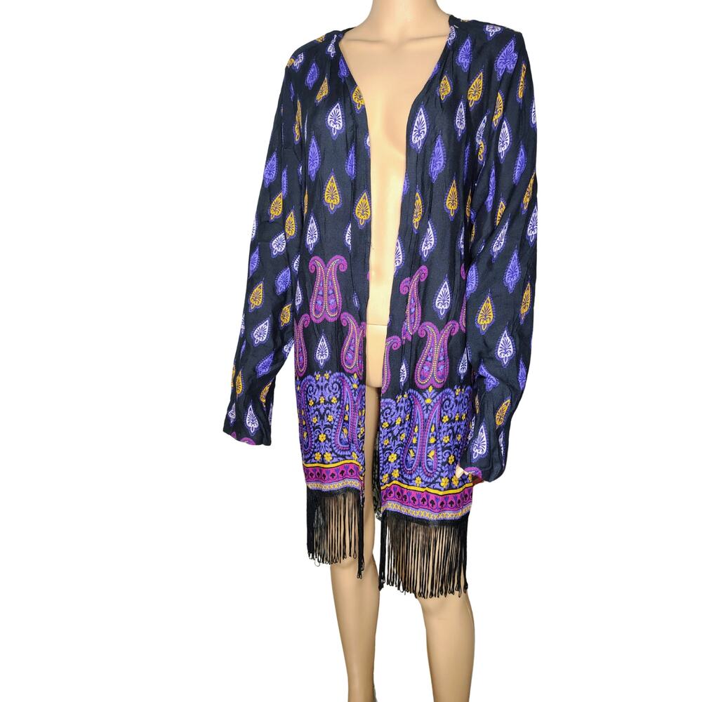 1980s Boho Fringe Floral Fan Motif Open Front Lightweight Jacket Coverup Size L